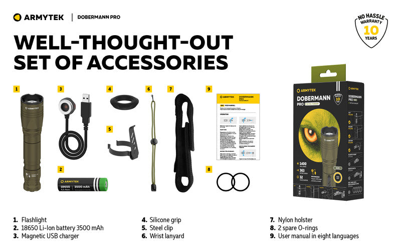 Lampe Torche Armytek Dobermann Pro OLIVE Magnet USB – 1400 Lumens - WARM NYCTALOPE