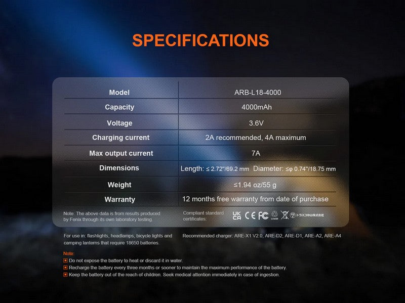 Batterie 18650 4000mAh fenix ARB-L18-4000 NYCTALOPE