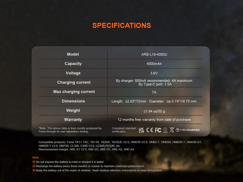 Batterie 18650 4000mAh fenix ARB-L18-4000U port USB type C intégré NYCTALOPE