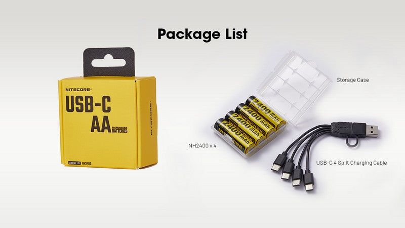 Pack de 4 batteries AA Nitecore NH2400 - 2400mAh 1.5V rechargeable en USB-C - NYCTALOPE
