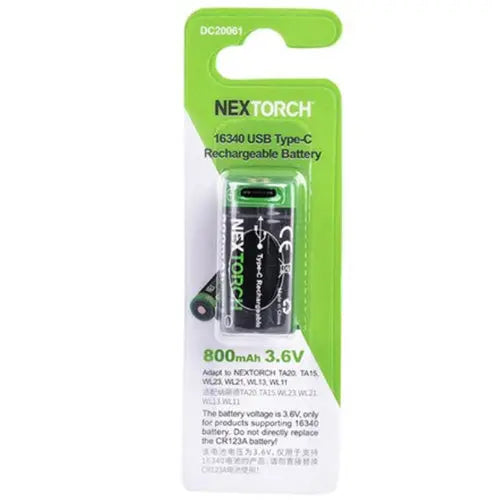 Batterie Nextorch 16340 rechargeable USB-C - 800mAh 3.6V protégée Li-ion NYCTALOPE