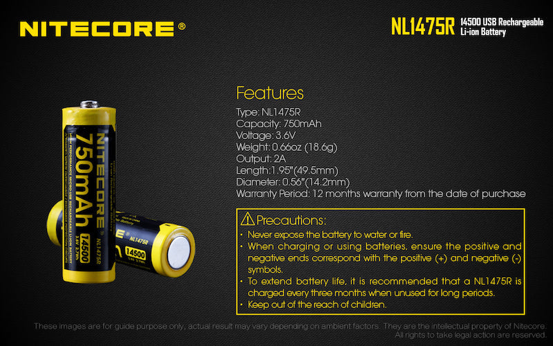 Batterie Nitecore NL1475R rechargeable - 750mAh - 3.6V protégée Li-ion NYCTALOPE