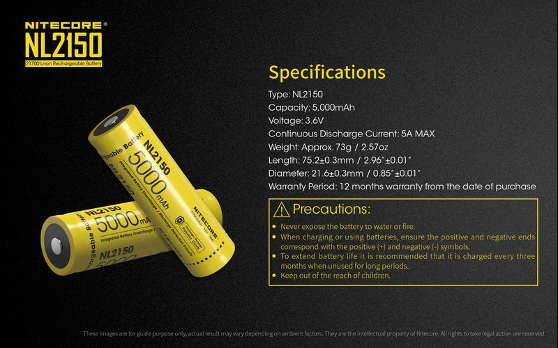 Batterie Nitecore NL2150 21700 – 5000mAh 3.7V protégée Li-ion NYCTALOPE