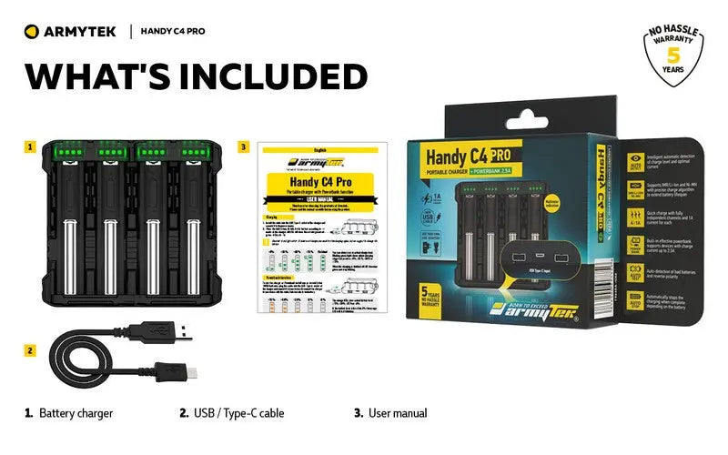 Chargeur Armytek Handy C4 PRO – Powerbank – Batteries Li-ion, IMR et Ni-Mh NYCTALOPE