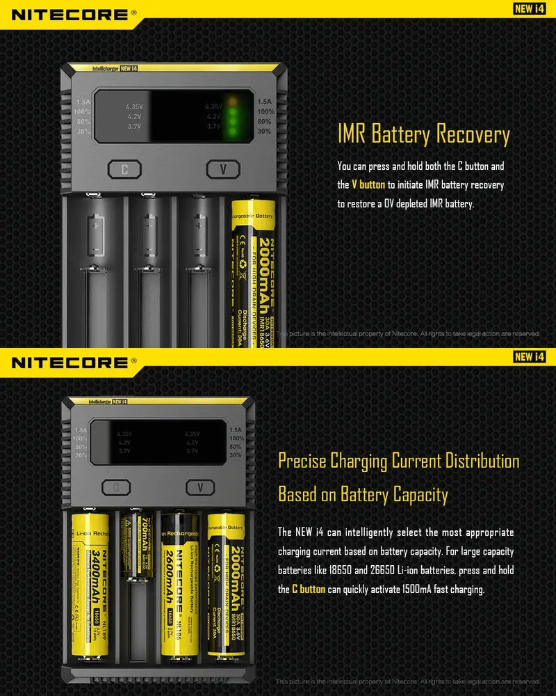 Chargeur Nitecore NEW i4 pour batterie Li-ion, IMR, LiFePO4, Ni-MH et Ni-Cd NYCTALOPE