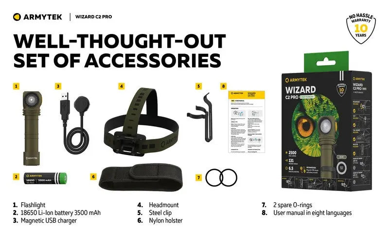 Lampe Frontale Armytek Wizard C2 PRO OLIVE Magnet USB 2500 Lumens NYCTALOPE