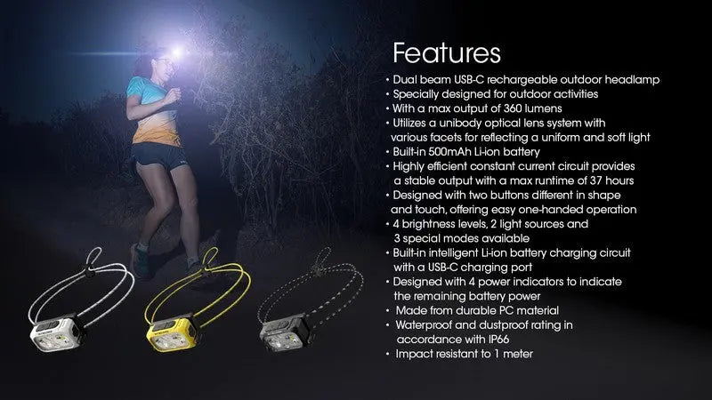 Lampe Frontale spéciale course Nitecore NU21 Noir – 360 Lumens – Rechargeable NYCTALOPE