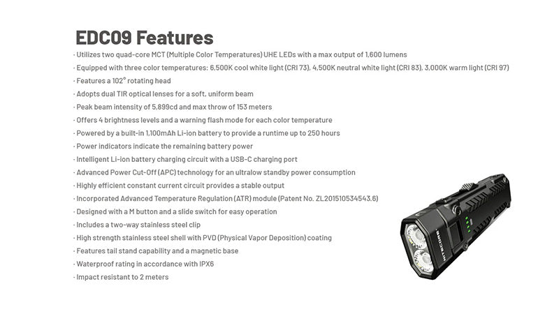 Lampe Torche Nitecore EDC09 - 1600 Lumens - Tête Rotative 102° - 3 Températures de Couleur NYCTALOPE