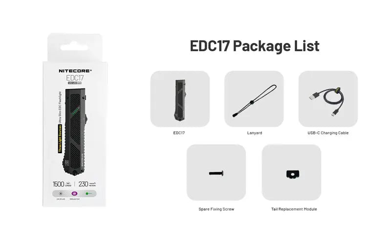 Lampe Torche Nitecore EDC17 - 1500 Lumens - LED Blanche + UV + Laser Vert - Design Plat Rechargeable USB-C NYCTALOPE