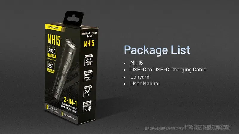 Lampe Torche Nitecore MH15 – 2000 Lumens USB-C rechargeable powerbank NYCTALOPE