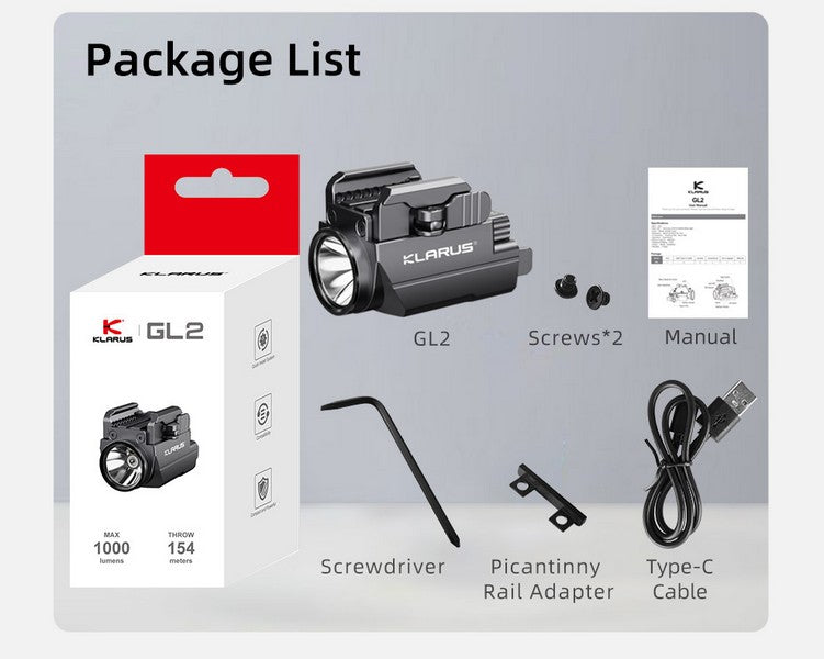 Lampe arme de poing Klarus GL2 - 1000 Lumens et Laser Vert intégré - rechargeable USB-C NYCTALOPE