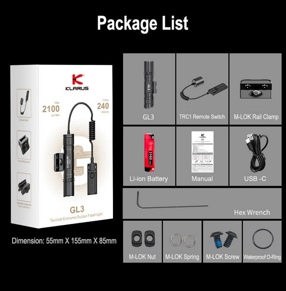 Lampe Torche Klarus GL3 - 2100 Lumens – Rechargeable + support M-LOK + Interrupteur déporté NYCTALOPE