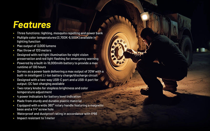 Lampe de Travail Nitecore NWL30 3000 Lumens - 3 en 1 - Anti-moustique - Powerbank - Orientable 360°  - Rechargeable USB-C