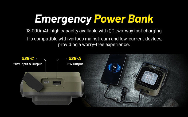 Lampe de Travail Nitecore NWL30 3000 Lumens - 3 en 1 - Anti-moustique - Powerbank - Orientable 360°  - Rechargeable USB-C