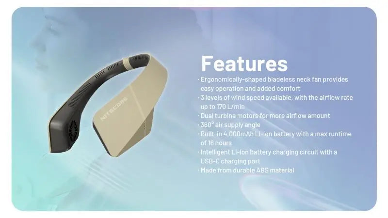Ventilateur de cou portable Nitecore NEF20 – capacité 4000 mAh – Rechargeable USB-C NYCTALOPE