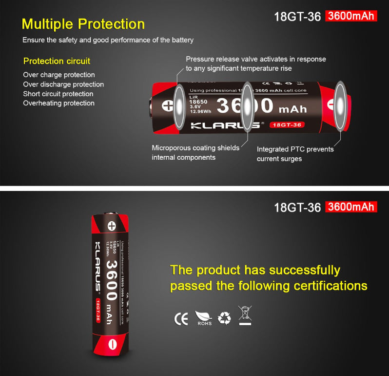Batterie Klarus 18GT-36 18650 3600mAh protégée LiR pour lampe XT11GT, XT12S, XT2CR NYCTALOPE