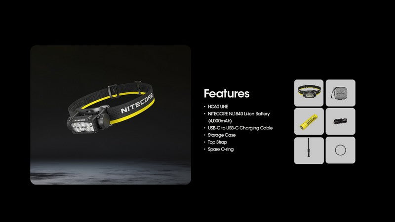Lampe frontale Nitecore HC60 UHE 1600 Lumens rechargeable USB-C - Lumière rouge NYCTALOPE