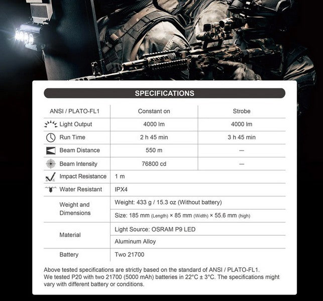 Lampe Tactique Nextorch P20 - 4000 Lumens - phare pour bouclier balistique NYCTALOPE