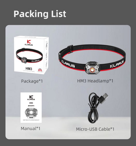 Lampe Frontale Klarus HM3 - 670 Lumens - Lumière rouge - rechargeable - Ultra légère NYCTALOPE