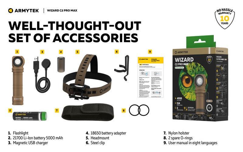 Lampe Frontale Armytek Wizard C2 PRO MAX SAND Magnet USB 4000 Lumens - rechargeable en USB NYCTALOPE