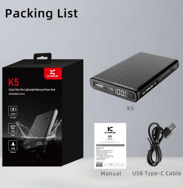 Powerbank batterie Klarus K5 - 10 000 mAh Ultraléger Fibre de Carbone NYCTALOPE