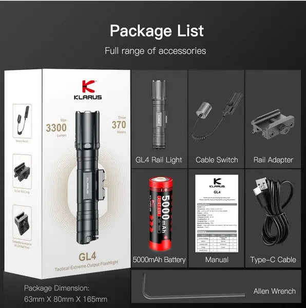 Lampe Torche Klarus GL4 - 3300 Lumens – Rechargeable + Fixation picatinny + Interrupteur déporté NYCTALOPE