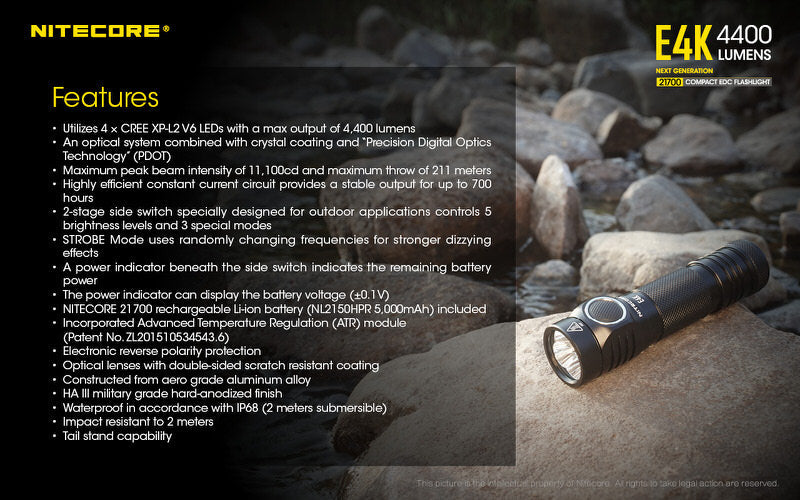 Lampe de poche Nitecore E4K - 4400 Lumens NYCTALOPE