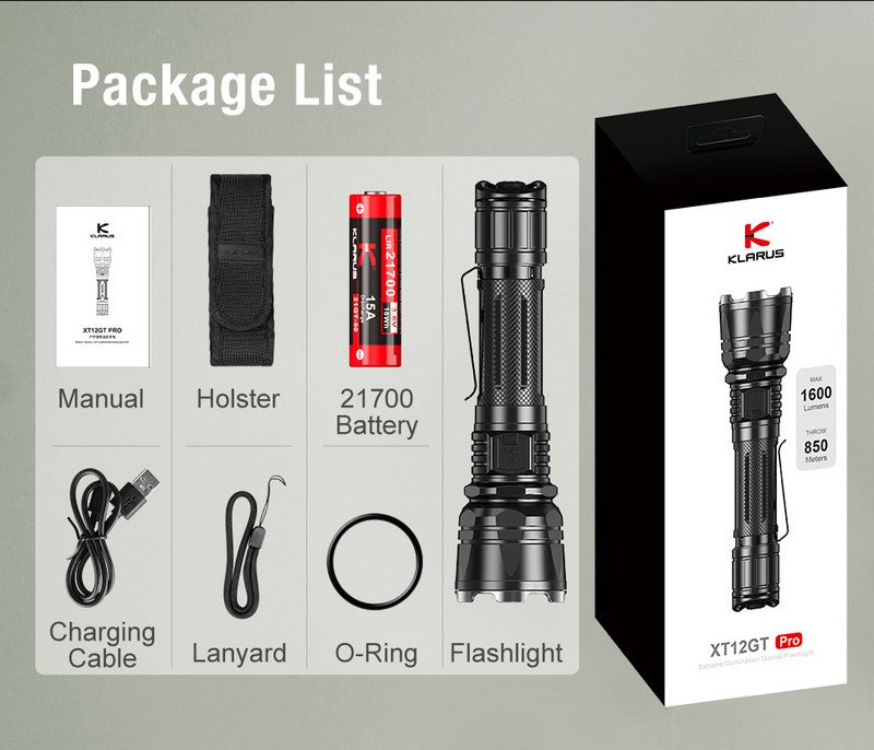Lampe Torche Klarus XT12GT PRO – 1600 Lumens - Tactique et rechargeable NYCTALOPE