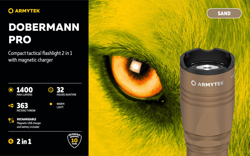 Lampe Torche Armytek Dobermann Pro SAND Magnet USB – 1400 Lumens - WARM  NYCTALOPE  