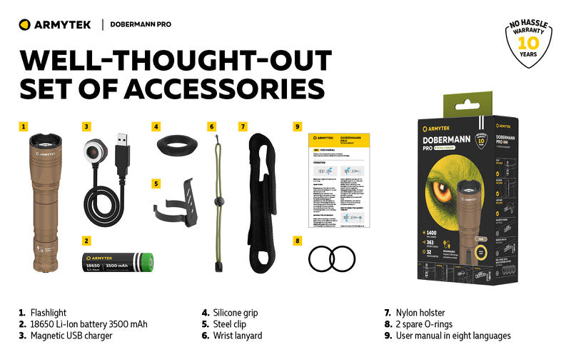 Lampe Torche Armytek Dobermann Pro SAND Magnet USB – 1400 Lumens - WARM  NYCTALOPE  