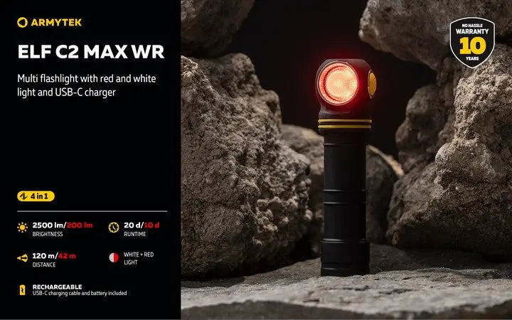 Armytek Elf C2 Max WR USB-C - Lampe frontale 4-en-1 lumière blanche et rouge