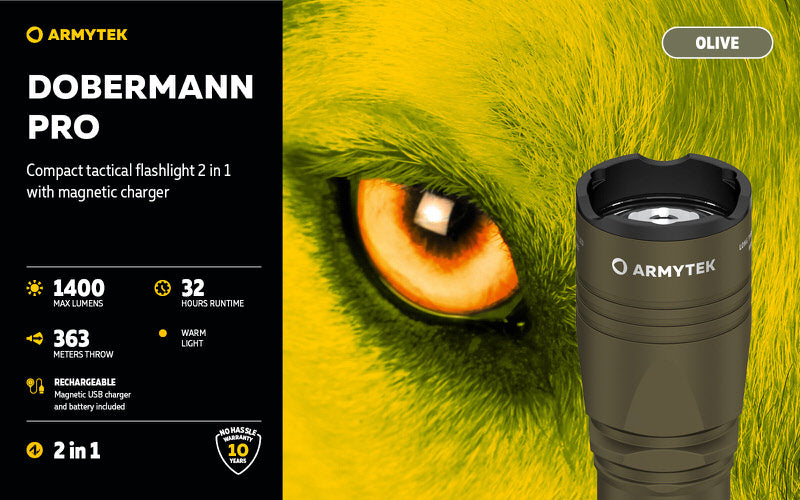 Lampe Torche Armytek Dobermann Pro OLIVE Magnet USB – 1400 Lumens - WARM  NYCTALOPE  