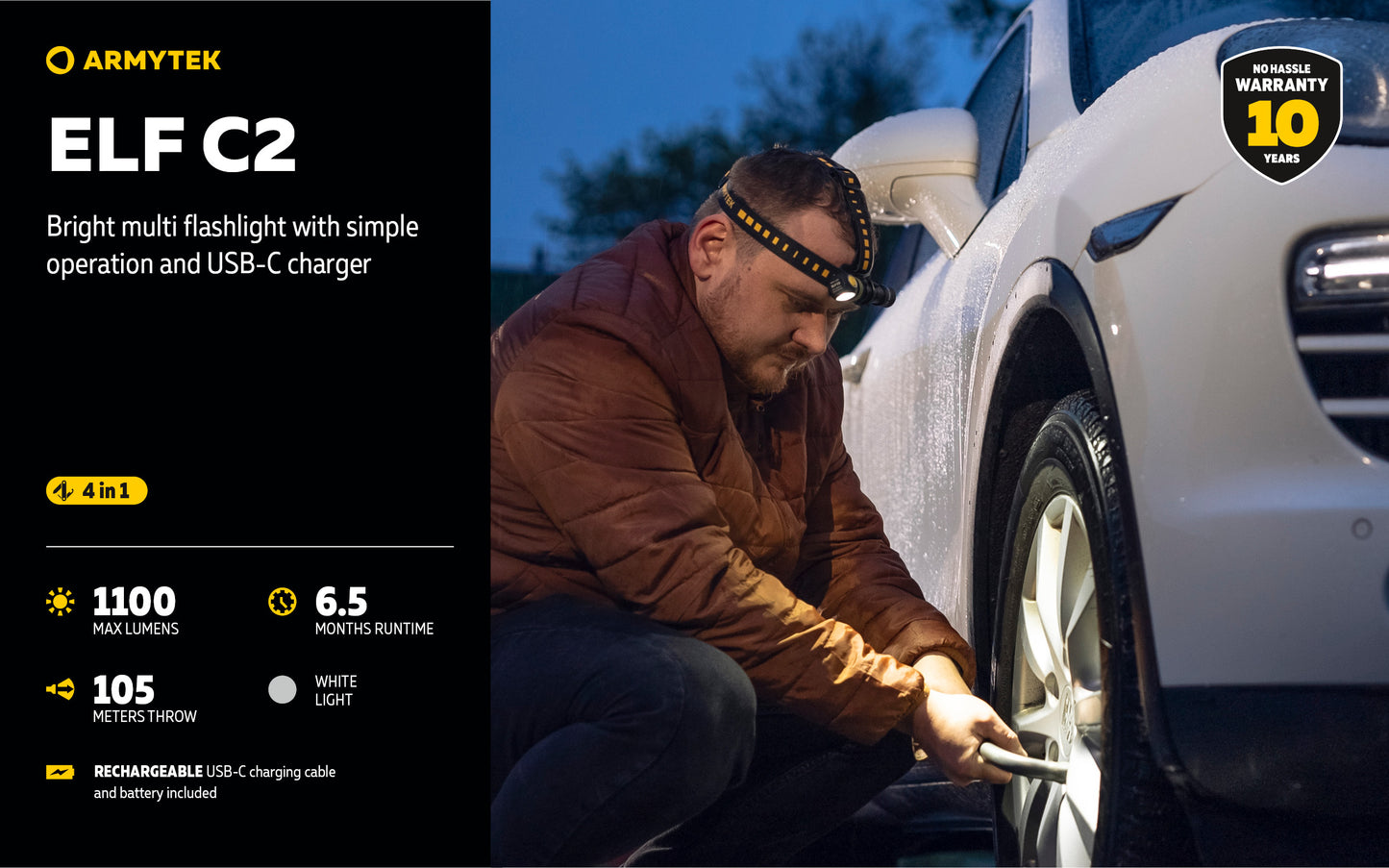 Lampe frontale Armytek Elf C2 USB-C - 1023 Lumens - Warm - NYCTALOPE