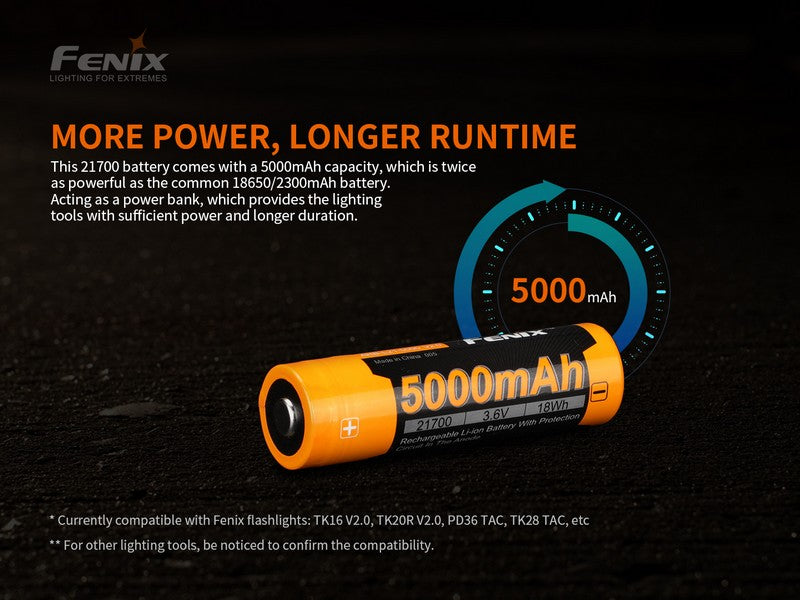 Batterie Fenix ARB-L21 5000 mAh 3.6V 21700 protégée Li-ion - V2.0