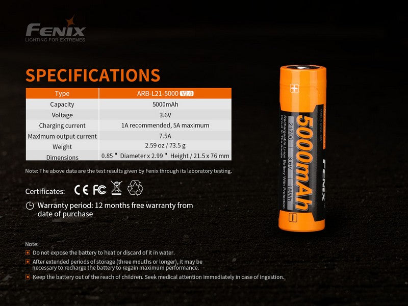 Batterie Fenix ARB-L21 5000 mAh 3.6V 21700 protégée Li-ion - V2.0