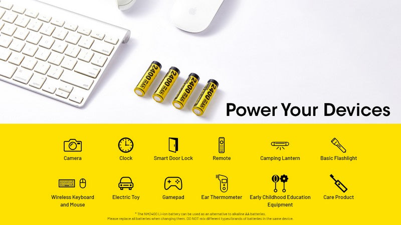 Pack de 4 batteries AA Nitecore NH2400 - 2400mAh 1.5V rechargeable en USB-C - NYCTALOPE