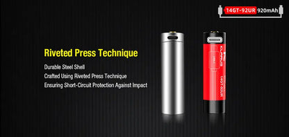 Batterie Klarus 14GT92UR 920mAh protégée rechargeable par Micro USB-C  NYCTALOPE  