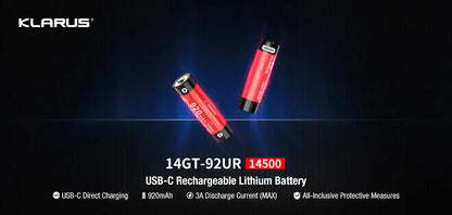 Batterie Klarus 14GT92UR 920mAh protégée rechargeable par Micro USB-C  NYCTALOPE  