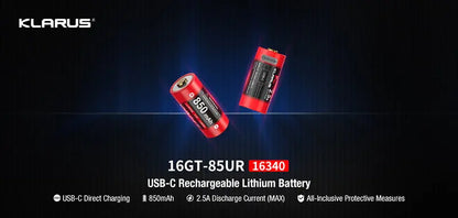 Batterie Klarus 16GT-85UR - 850mAh 3.7V protégée Li-ion, rechargeable en USB-C  NYCTALOPE  