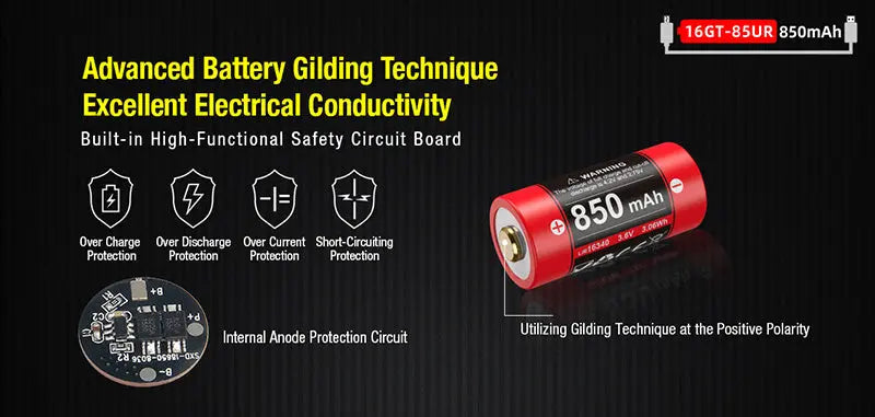 Batterie Klarus 16GT-85UR - 850mAh 3.7V protégée Li-ion, rechargeable en USB-C  NYCTALOPE  