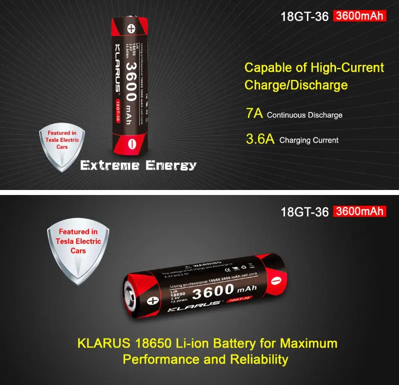 Batterie Klarus 18GT-36 18650 3600mAh protégée LiR pour lampe XT11GT, XT12S, XT2CR  NYCTALOPE  