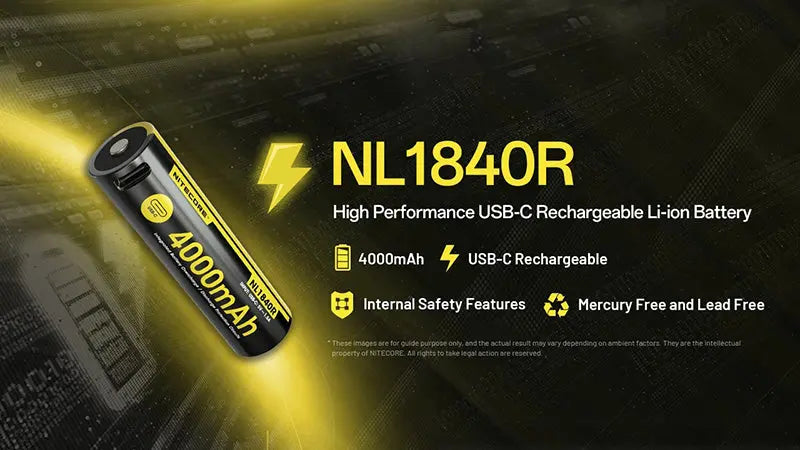 Batterie Li-ion Nitecore NL1840R 4000mAh 18650 Rechargeable - USB-C Intégré - Haute Densité Énergétique