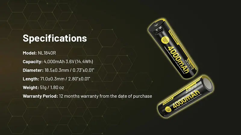 Batterie Li-ion Nitecore NL1840R 4000mAh 18650 Rechargeable - USB-C Intégré - Haute Densité Énergétique
