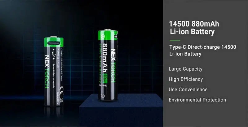 Batterie Nextorch 14500 - 880mAh - 3.7V protégée Li-ion USB-C  NYCTALOPE  
