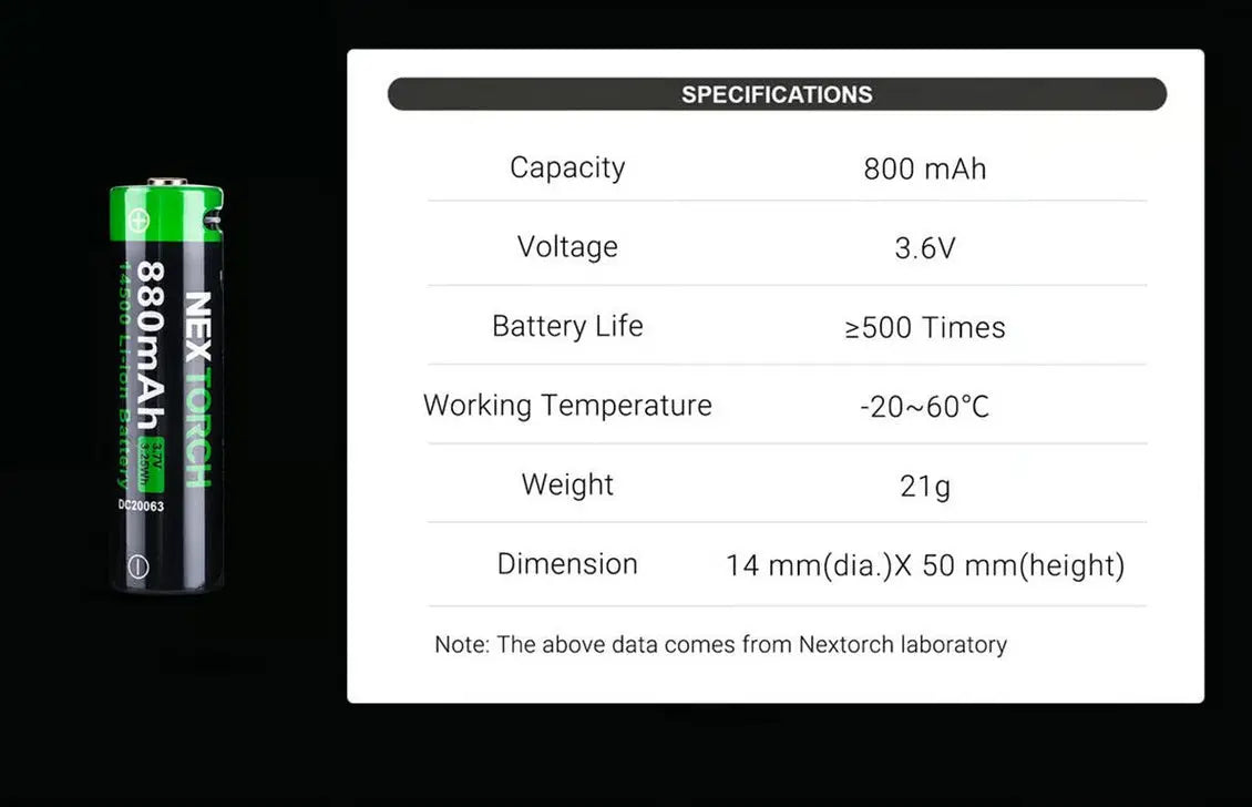 Batterie Nextorch 14500 - 880mAh - 3.7V protégée Li-ion USB-C  NYCTALOPE  