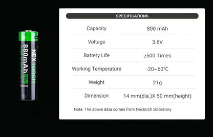 Batterie Nextorch 14500 - 880mAh - 3.7V protégée Li-ion USB-C  NYCTALOPE  