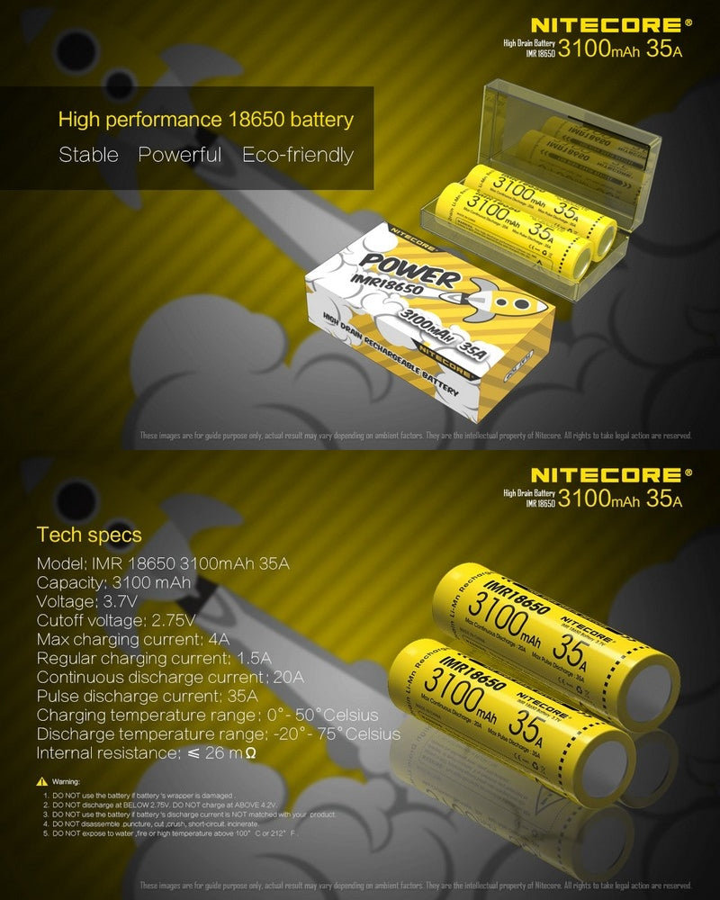 Batterie Nitecore IMR 18650 3100mAh 3.7V 35A  NYCTALOPE  