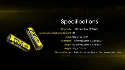 Batterie Nitecore NL1411R 14500 - 1100mAh rechargeable en USB-C  NYCTALOPE  