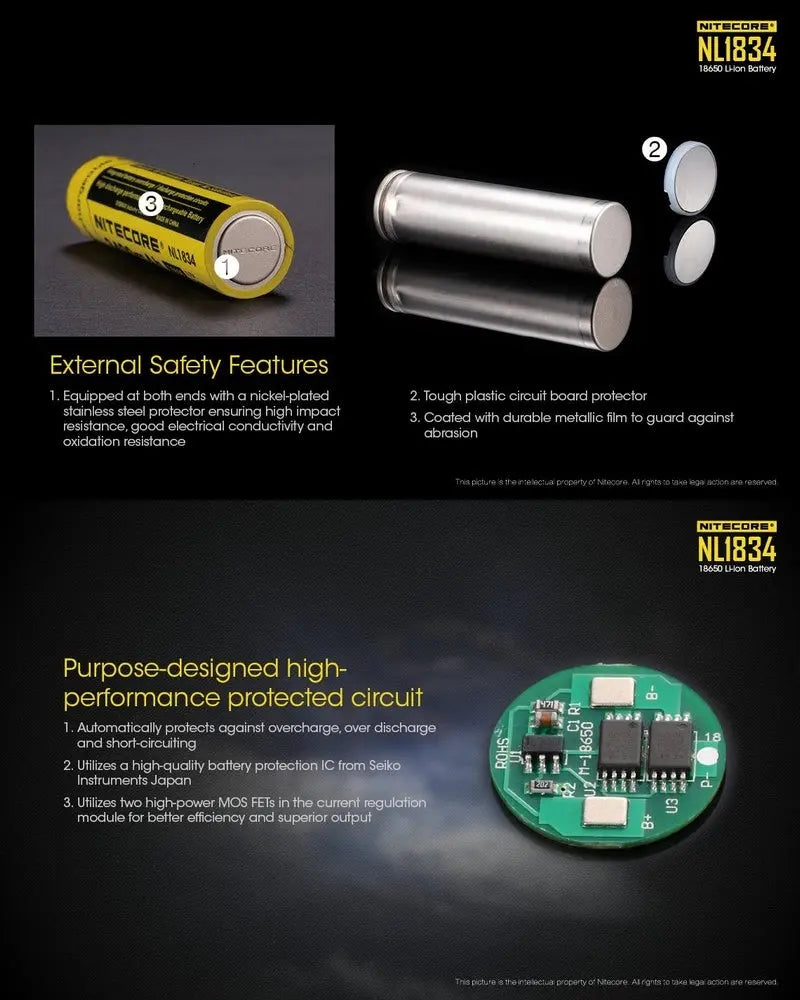 Batterie Nitecore NL1834 18650 – 3400mAh 3.7V protégée Li-ion  NYCTALOPE  