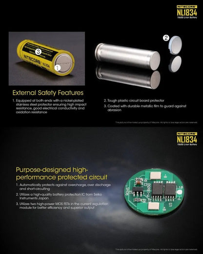 Batterie Nitecore NL1834 18650 – 3400mAh 3.7V protégée Li-ion  NYCTALOPE  